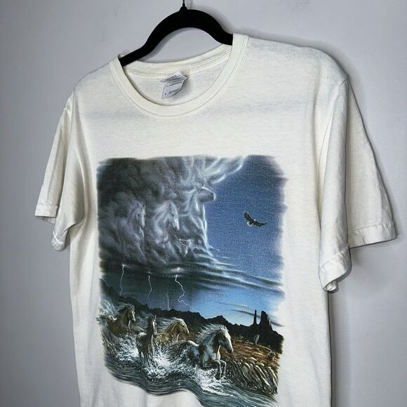 Gildan Thundering Hooves Horses T-Shirt Adult Small White Blue John Van Straalen - Picture 2 of 4